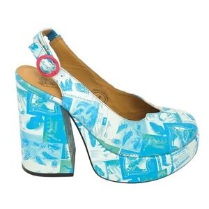 John Fluevog Blue Newsprint Lasting Impressions Tenura Chunky Platform‎ Heels- 8
